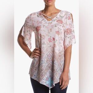 One World Cold Shoulder Top Womens Medium Pink Floral Point Hem Elbow Sleeves